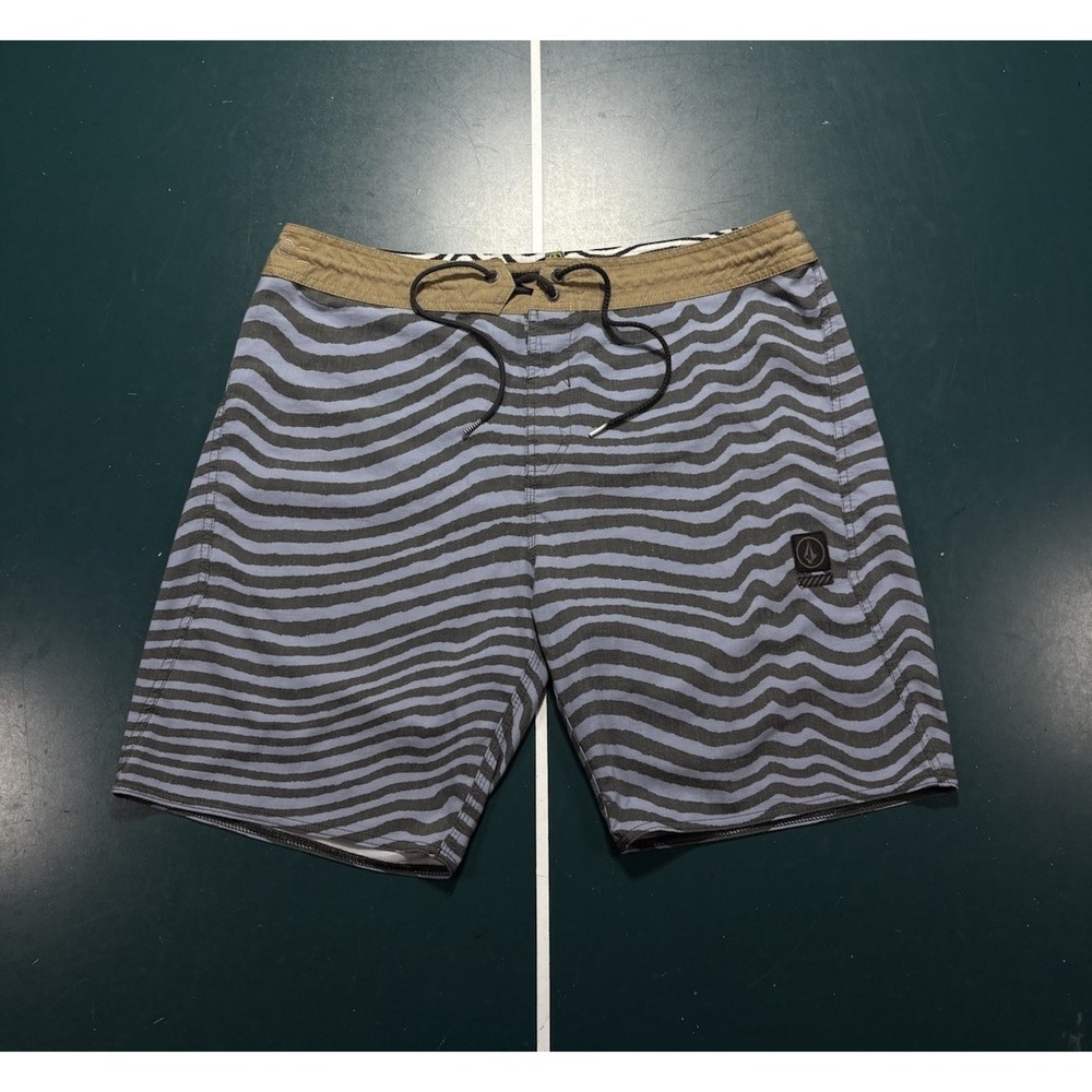 Volcom Stoneys Board Shorts Men's 36 Black Blue Striped Swim Trunks Surf Y2K
